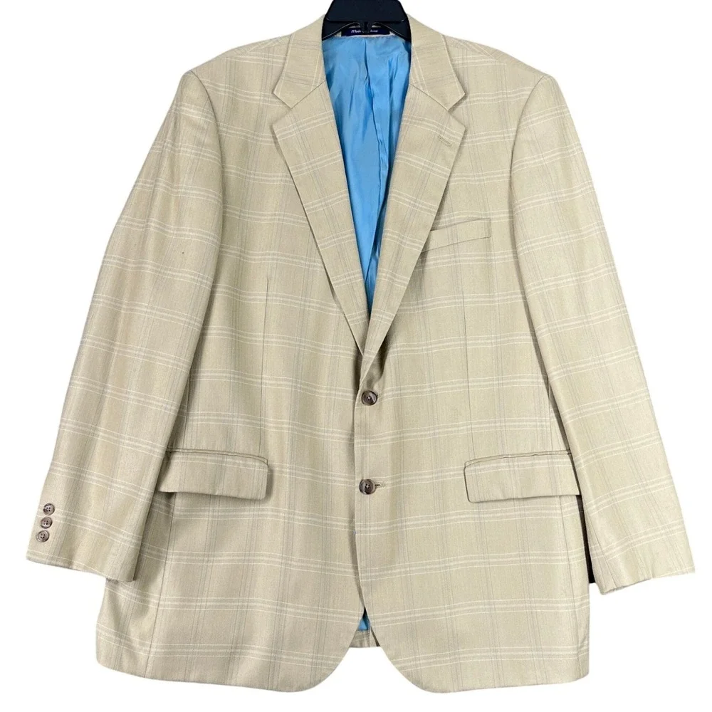 Alan Flusser Worsted Wool‎ Bamboo Plaid Blazer Sport Coat Tan Blue 46L Mens